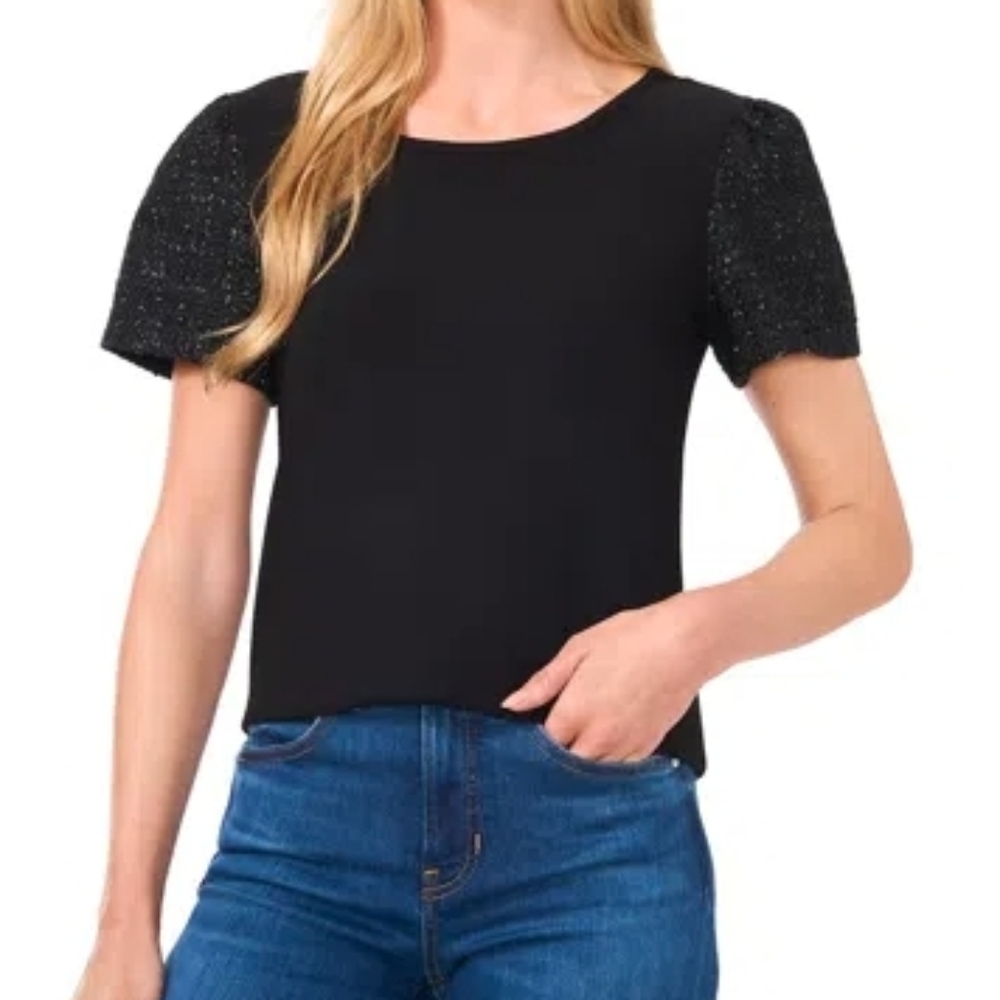 NWT Cece Set-in Sleeve Mixed Media Top In Black